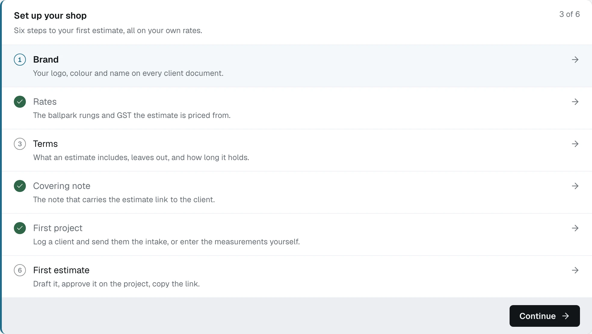 The Set up your shop card on the dashboard, with six steps and a counter reading three of six