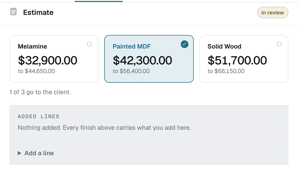 An estimate in review, with three finish families priced and one ticked to send