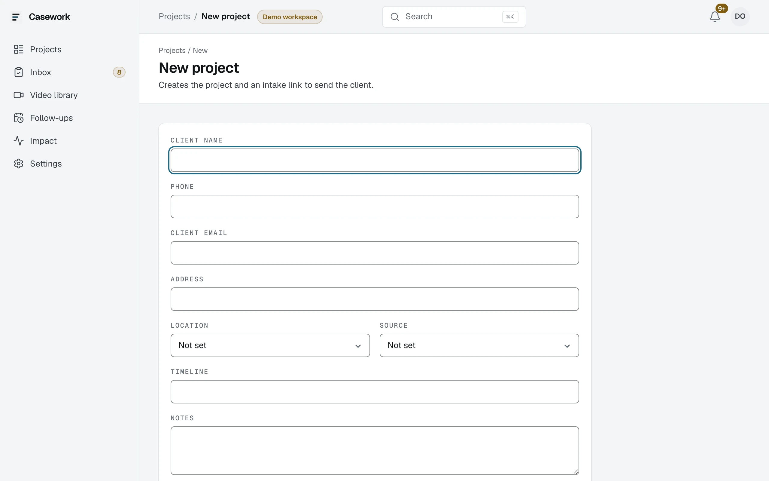 The New project page, with the client fields, the location and source pickers, and the Create project button