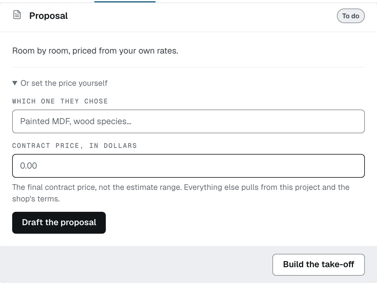 The Proposal card with Or set the price yourself opened, showing the tier field, the contract price field and Draft the proposal