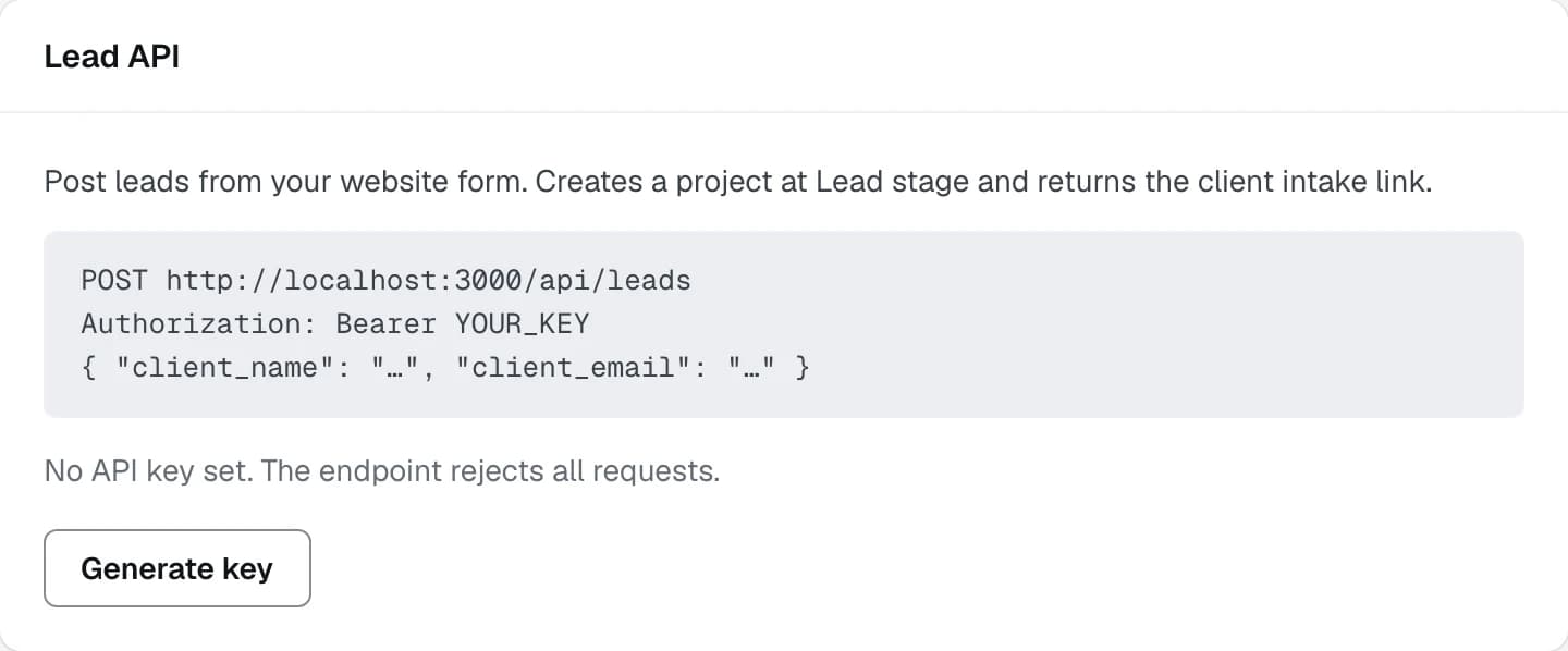 The Lead API card, showing the endpoint, the authorization header and the shape of the body, with Generate key under the line saying no key is set