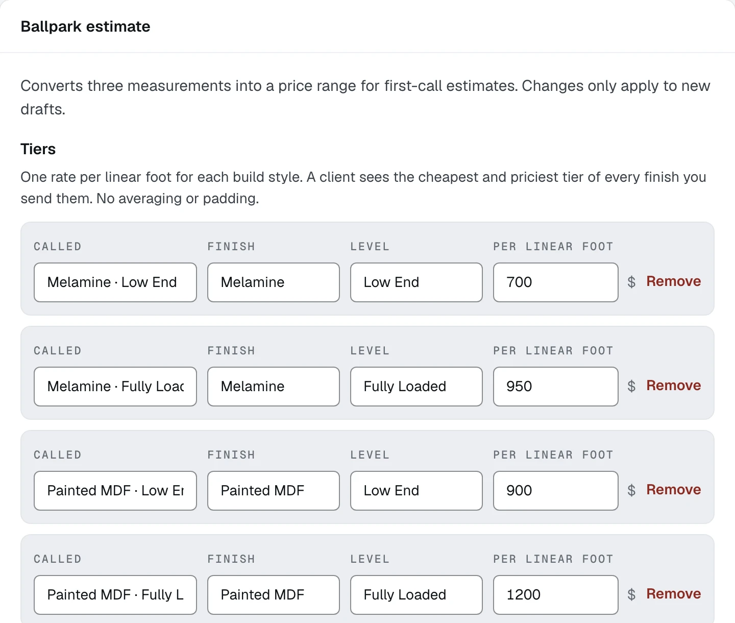 The Ballpark estimate card on the Pricing tab of Settings, open on its form, with one row per tier carrying a name, a finish, a level and a rate per linear foot