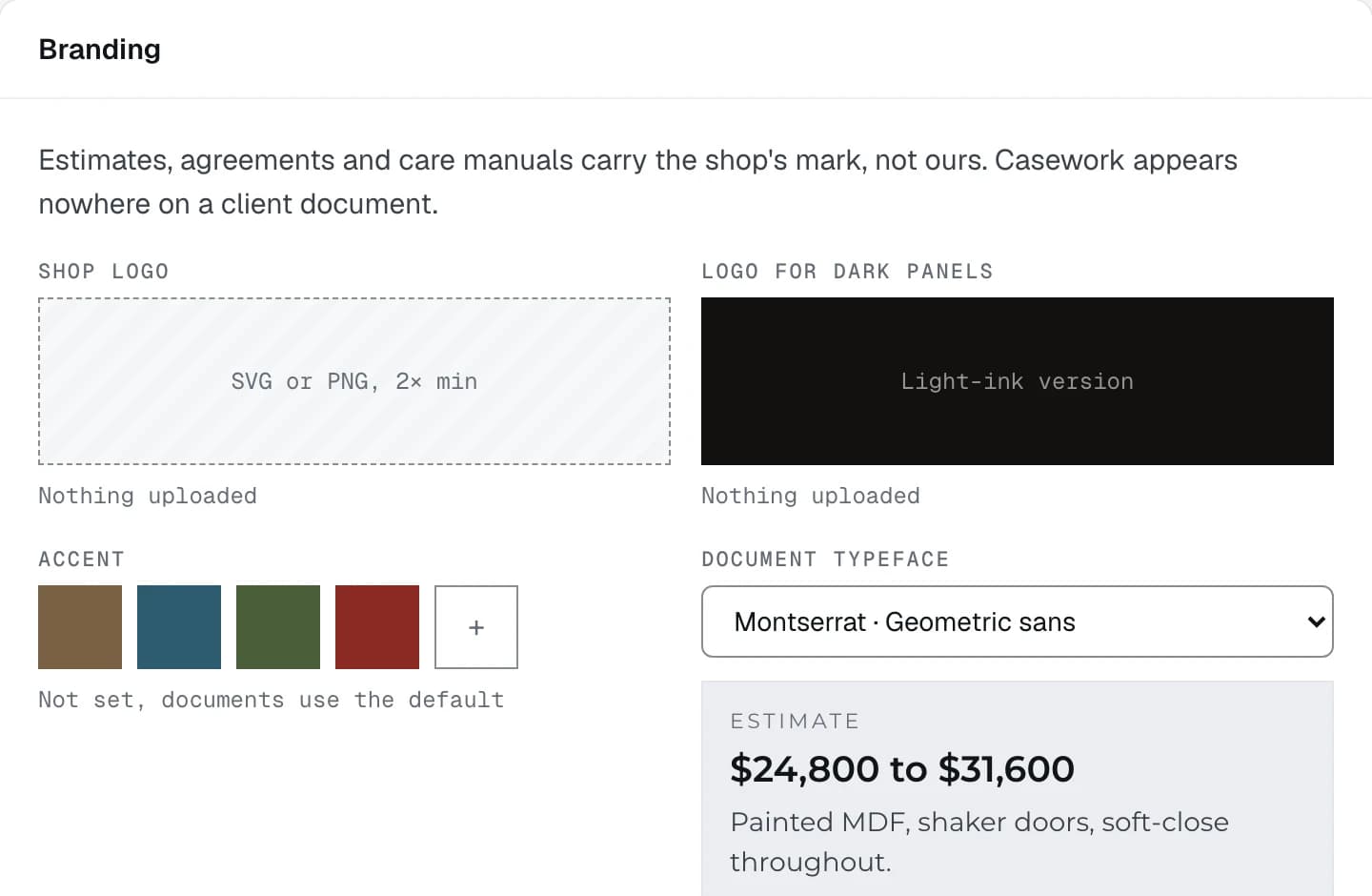 The Branding card on the Shop tab of Settings, open on its form, with the two logo wells, the accent swatches, the document typeface and a live preview of an estimate figure in it
