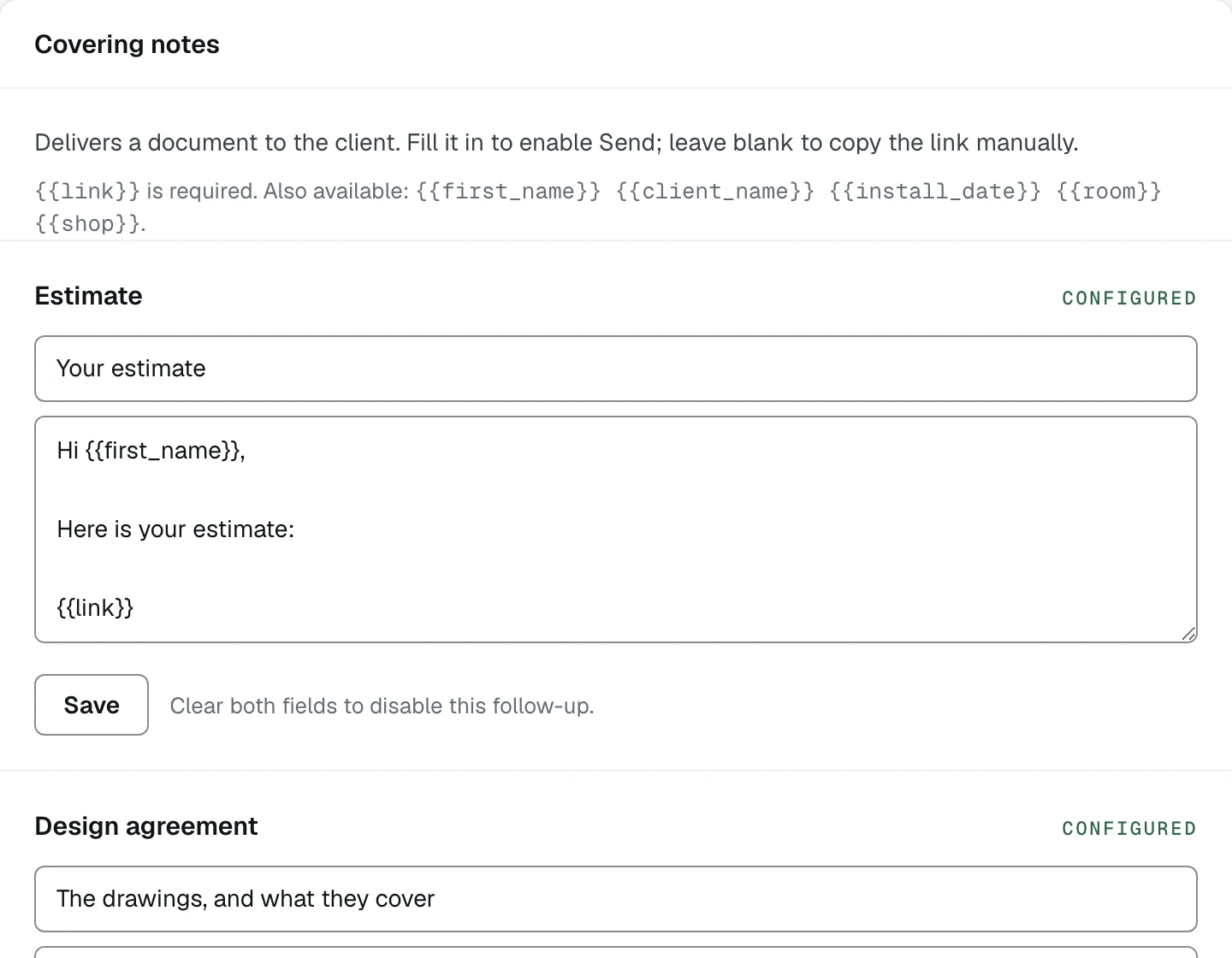 The Covering notes card on the Emails tab of Settings, with the Estimate note's subject and body and the line saying the link placeholder is required