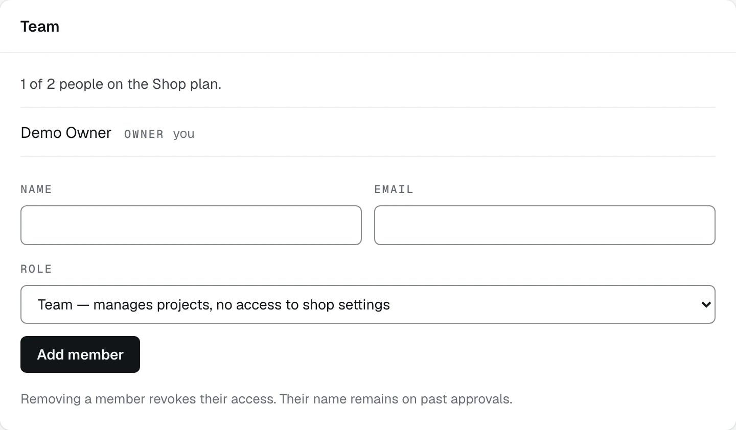 The Team card, counting the people on the shop's plan, listing the owner, and carrying the name, email and role fields that add a member