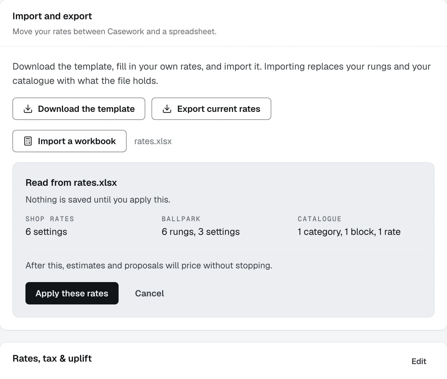 The Import and export card after a workbook was picked, showing what was read from the file, the line saying nothing is saved until it is applied, and the Apply these rates button