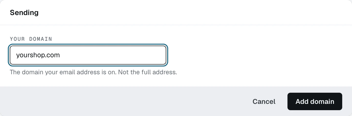The Sending card with the domain field open, asking for the domain an address is on rather than the full address, above Add domain