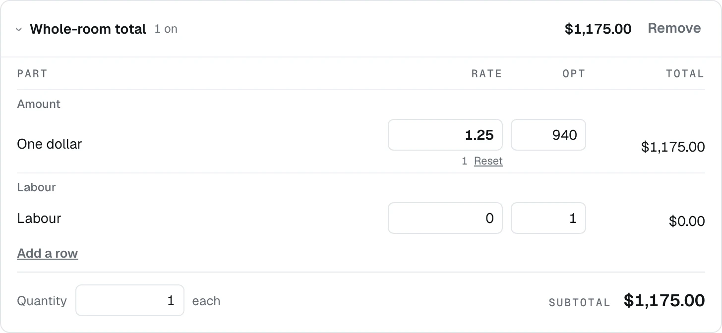 A rate typed for this job only, marked out in the Rate column with the catalogue's own rate printed under it beside a Reset link