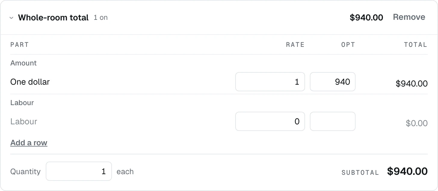 The same block with one row switched off at Opt, its total greyed out, and the priced row above it still on
