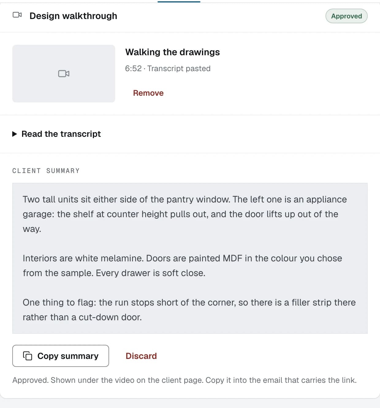The approved summary printed in a box with Copy summary beside it and the line saying it is shown under the video on the client page